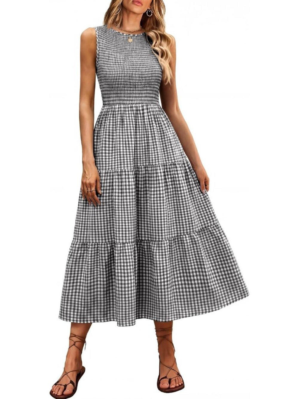 Chic Summer Gingham Smocked Maxi Dress with Pockets